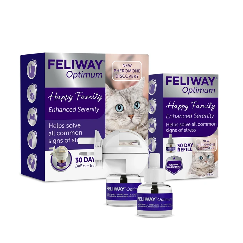FELIWAY Optimum 30 Day Cat Calming Odourless Plug In Pheromone Diffuser Starter Kit + Extra Refill - Helps Solve Signs of Stress in Cats & Kittens, Veterinary Recommended, Drug-Free, Clinically Proven