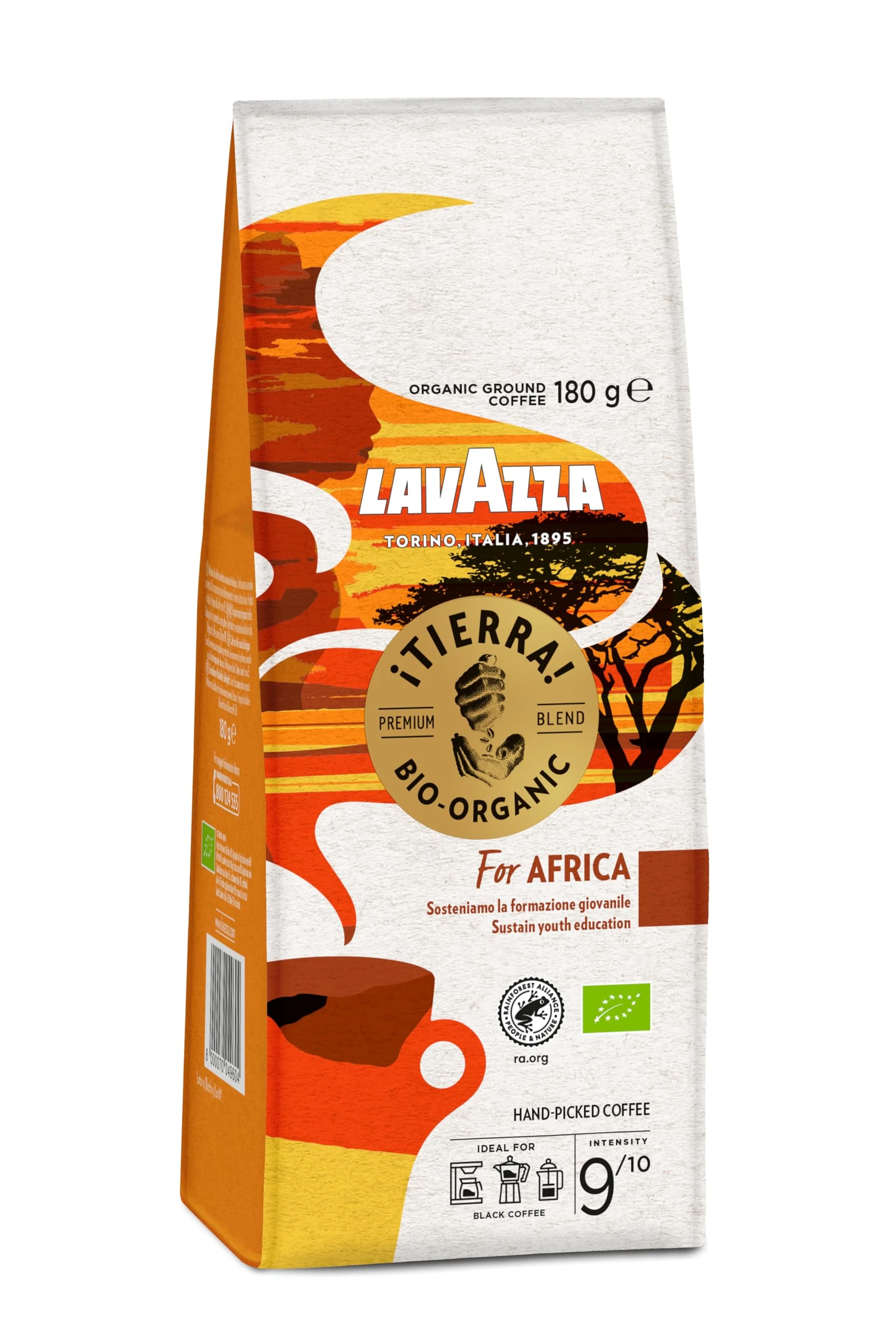 Lavazza, Tierra For Africa, Ground Coffee, 6 Packs of 180g, Ideal for Filtered Coffee, Full-bodied Taste, Intensity 9/10, Chocolate & Dried Fruit Notes, Organic Arabica & Robusta, Medium Roast