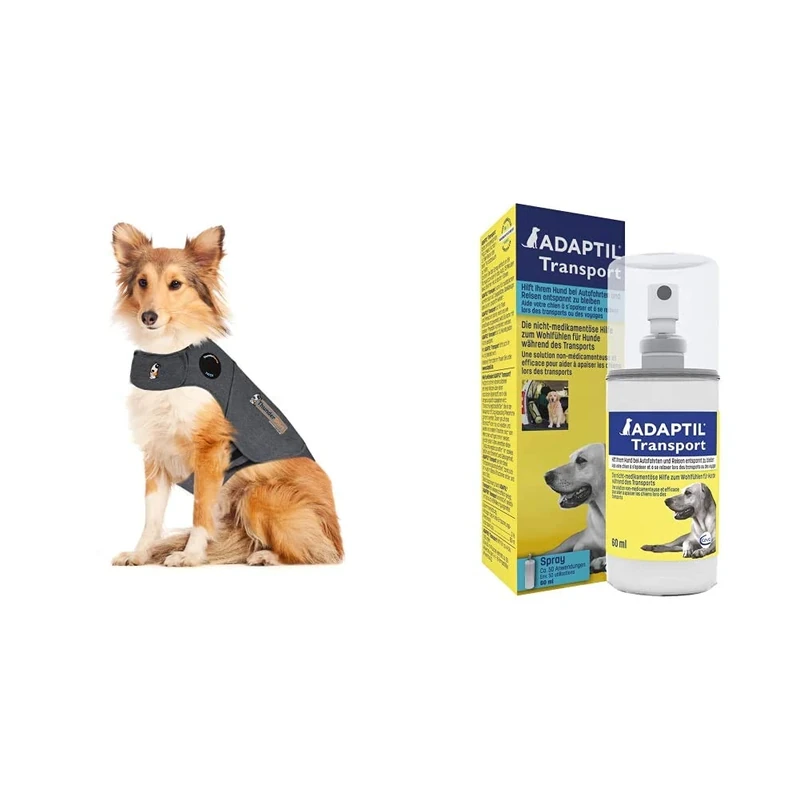 Thundershirt Anxiety Coat for Dog, L, Grey with ADAPTIL Calm Transport Spray, helps dog cope with travelling and other short term challenges, 60 ml