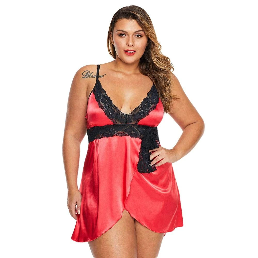 Women's Baby Dolls Erotic Bodystockings Sexy Nightgown V-Neck Camisole Lace Pajamas Suit-Red-XXXXXL