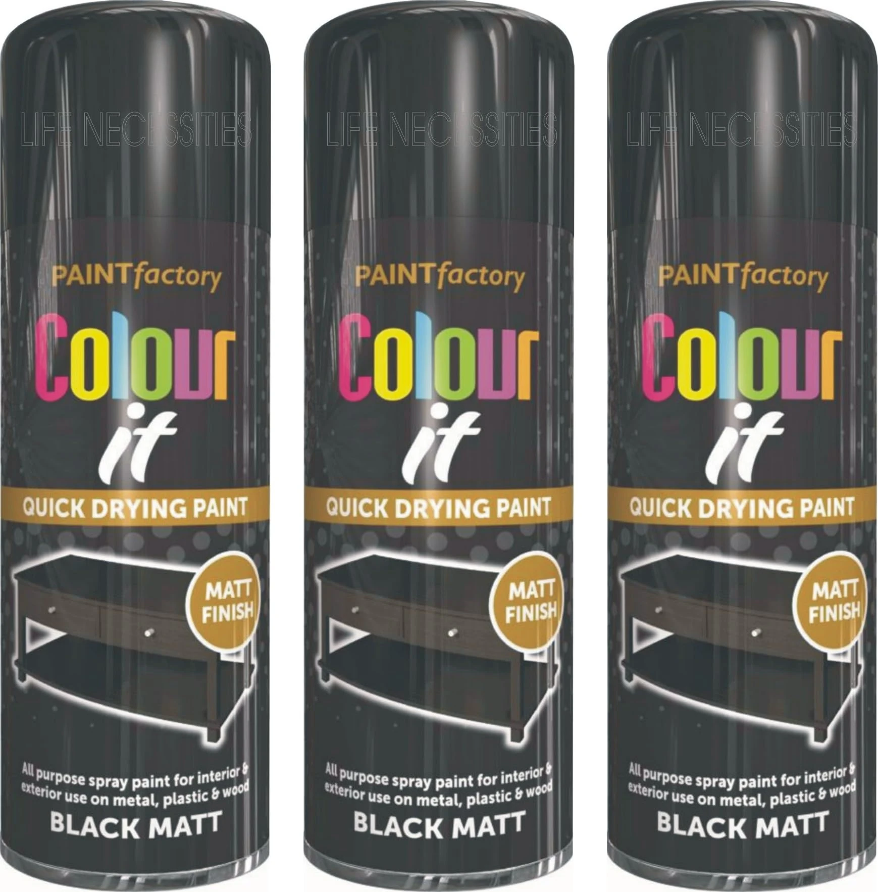 Paint Factory Matt Black Spray Paint - 3 x 400 ML, All-Purpose Aerosol for Metal & Wood