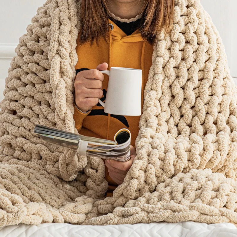 Hearth & Stone Chunky Knit Blanket Throw - 50"x60" 3.7 lbs. - Soft Chenille Yarn Knitted Blanket - Machine Washable Crochet Blanket - Handmade Cable Knit Throw Blanket for Couch, Bed (Oat White)