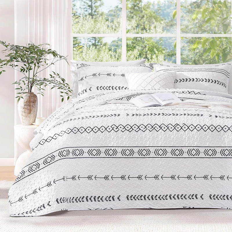 Andency White King Size Quilt Set, 3 Pieces Boho Striped Bedspread