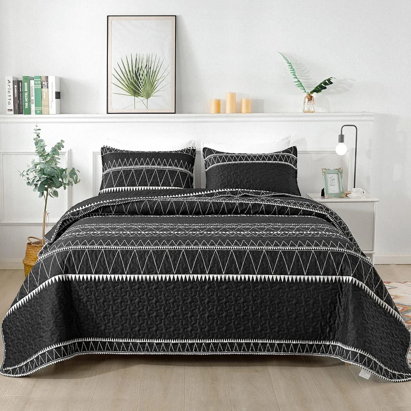 Andency Black Quilt Set King (104x90 Inch), 3 Pieces(1 Striped Triangle Pattern Quilt and 2 Pillowcases), Bohemian Reversible Bedspread Microfiber Coverlet Sets All-Season