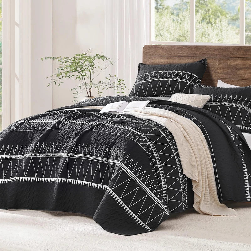 Andency - Black Quilt Set California King (112"x104") 3 Pieces - 1 Triangle Striped Printed Bedspread and 2 Pillow Shams - Reversible Microfiber Lightweight Boho Bedspread for Summer