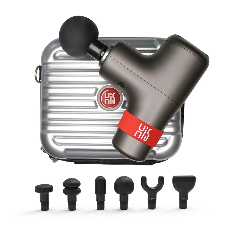 Hi5 General 10347 Portable Vibration Mini Massage Gun with 6 Levels Speeds, 6 Attachement Heads, Hard Case, Charcoal Grey