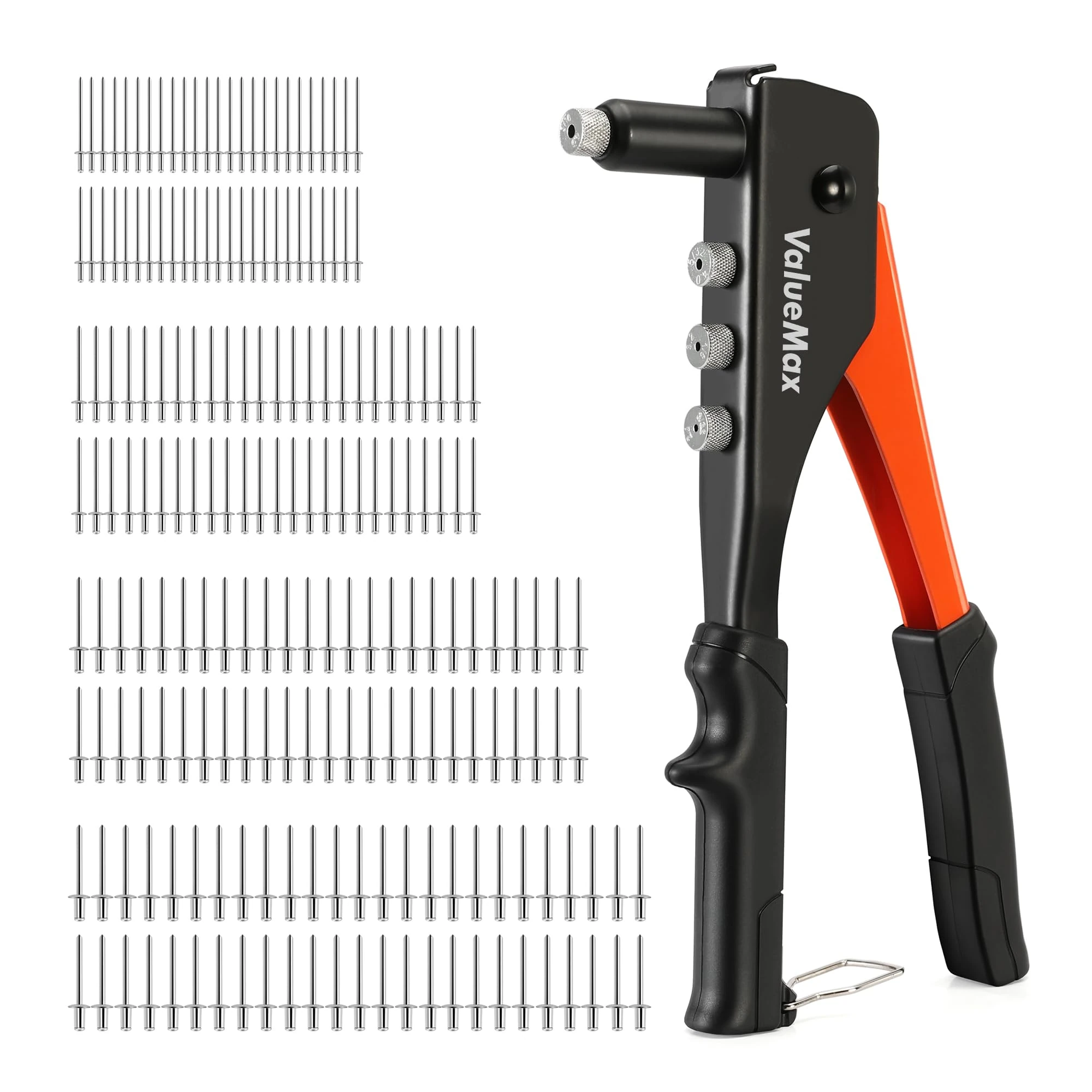 ValueMax 4-in-1 Rivet Gun Set with 200 Rivets, Pop Riveter with 4 Sizes Interchangeable Nosepieces 3/32"(2.4mm), 1/8"(3.2mm), 5/32"(4.0mm), 3/16"(4.8mm), Heavy Duty Pop Rivet Gun Kit