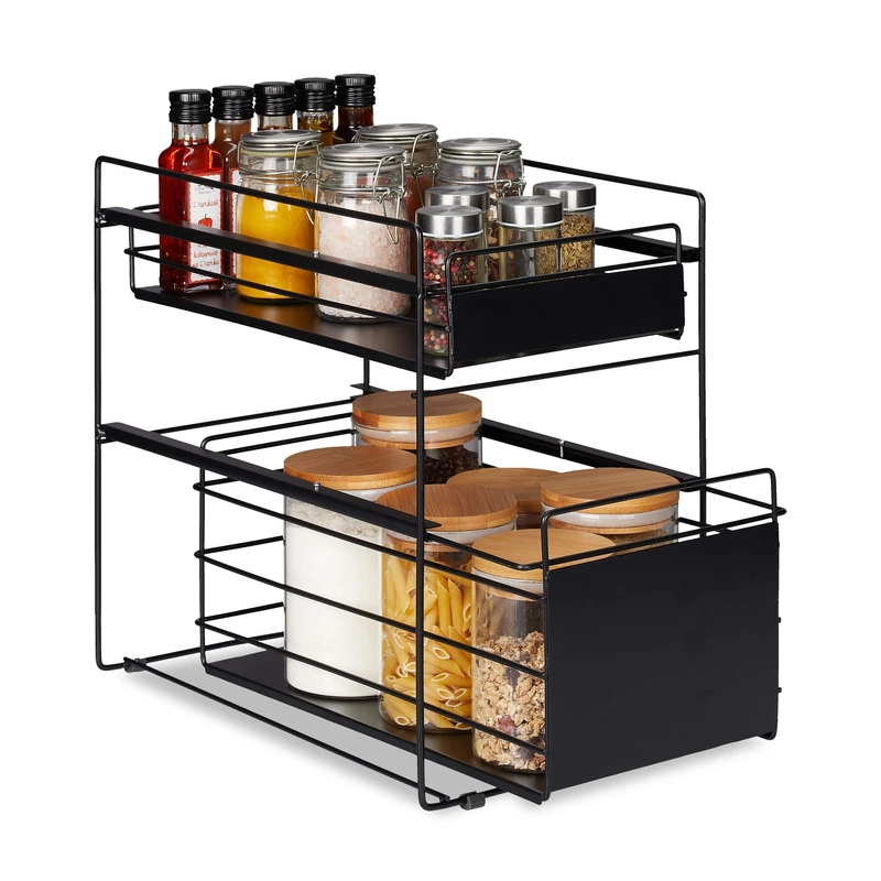 Relaxdays kitchen cupboard storage, with 2 baskets, kitchen organiser, storage shelves, for bathroom, pull-out, black - Image 1