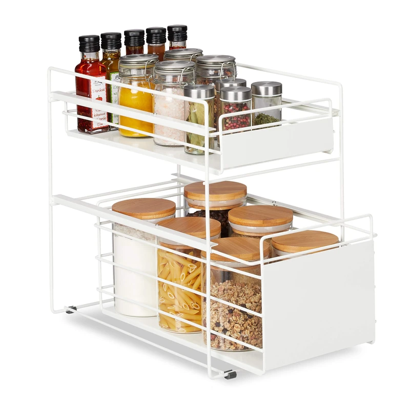 Relaxdays kitchen cupboard storage, with 2 baskets, kitchen organiser, storage shelves, for bathroom, pull-out, white