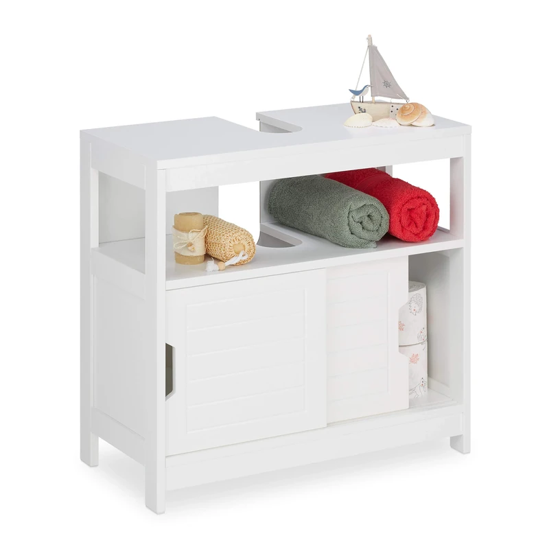 Relaxdays Base Cabinet, 2 Compartments, Sliding Doors, Siphon Cut-out, Bathroom Vanity Unit, 60.5 x 60 x 30 cm, White, Fibreboard