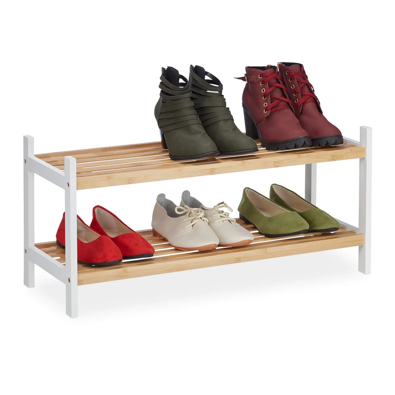 Relaxdays Shoe Rack, 2 Shelves, for 6 Pairs, Bamboo & Birch Wood, 33 x 70 x 26 cm, Footwear Storage, Natural/White
