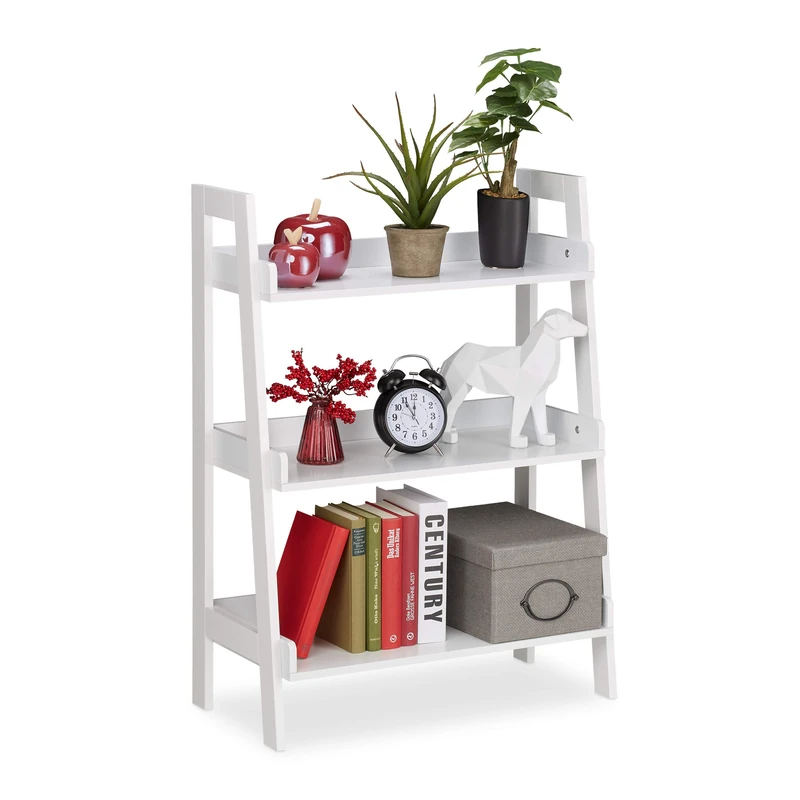 Relaxdays Freestanding Shelf with 3 Levels, Ladder Rack for Decotations, Plants & Books, HxWxD: 82.5 x 61 x 29 cm, White, Fibreboard