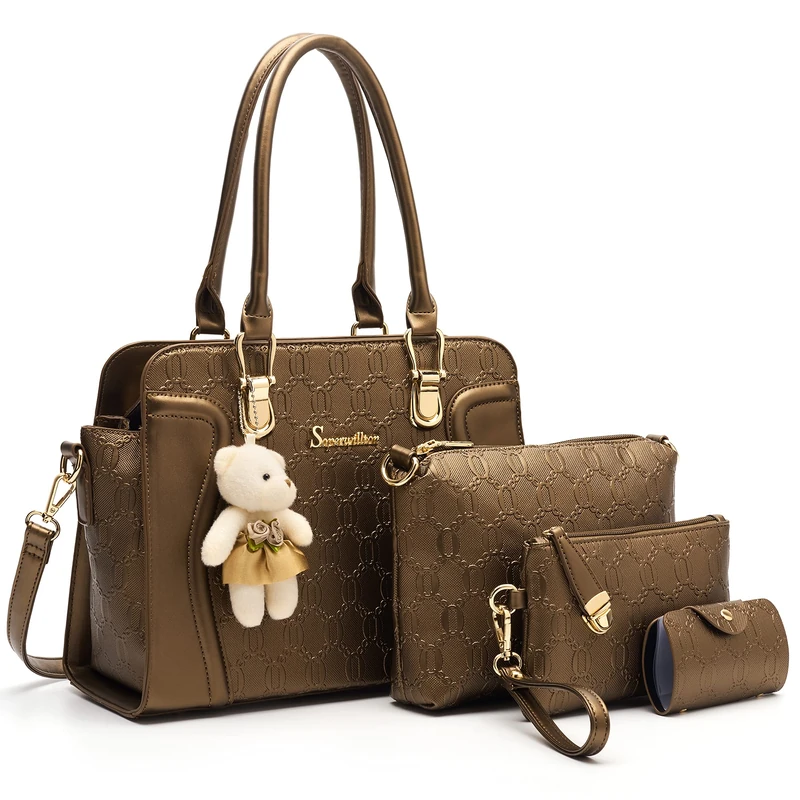 Soperwillton Women's Fashion Handbags Tote Bags Shoulder Bag Top Handle Satchel Purse Set 4pcs, B-bronze, L