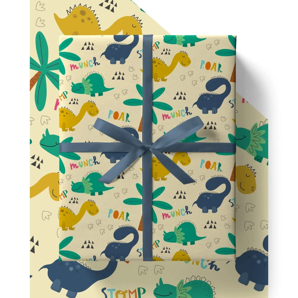 Dinosaur Wrapping Paper - HUGE 43% BIGGER [84cm x 60cm] Premium Eco Kids Birthday Gift Wrap for Dino loving Boys or Girls (4 Sheets & 4 Tags)