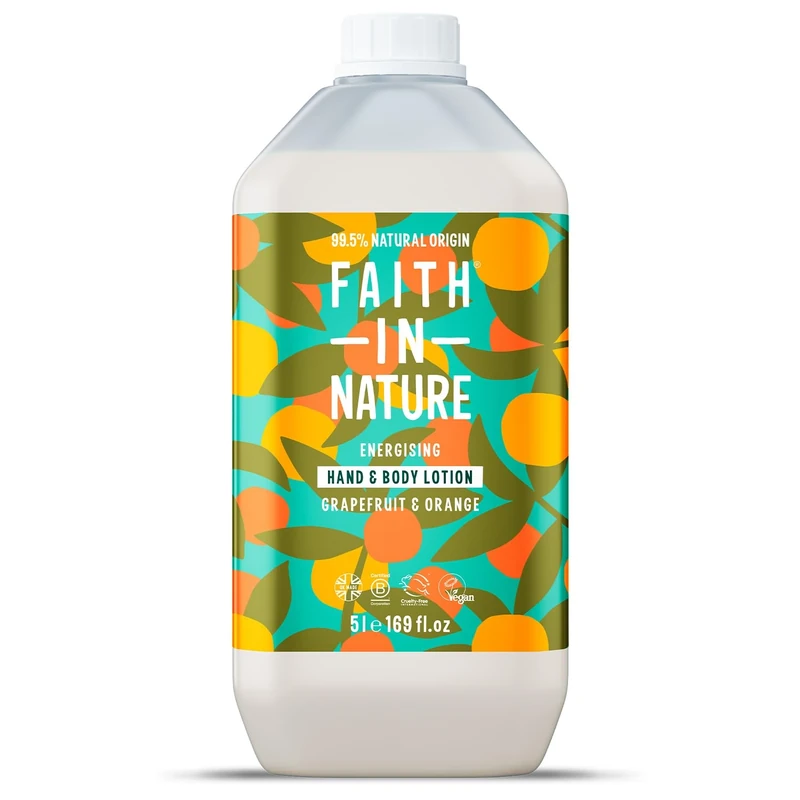Faith In Nature Natural Grapefruit & Orange Hand & Body Lotion, Energising, Vegan & Cruelty Free, No SLS or Parabens, 5L Refill Pack