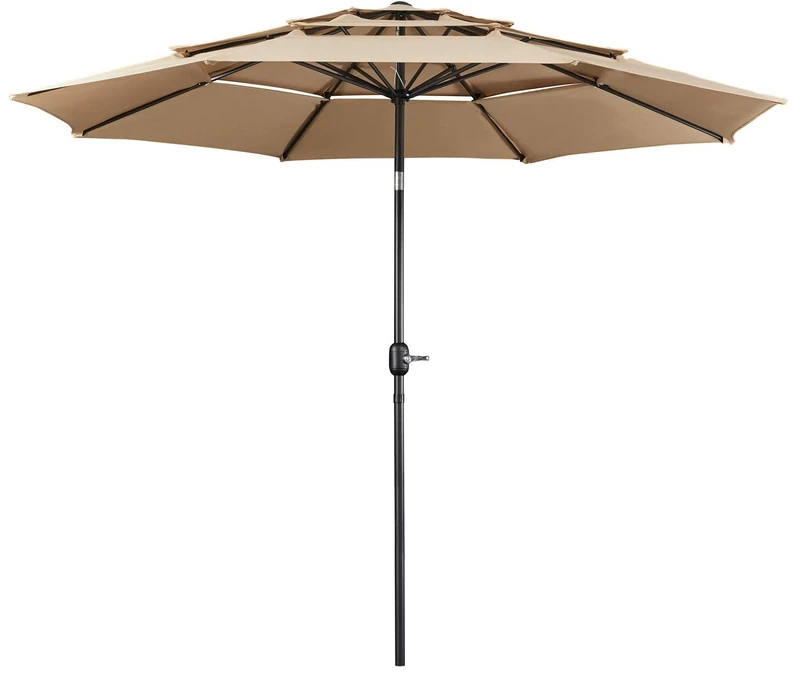 Yaheetech 3.2M 3-Tier Garden Parasol Umbrella Patio Umbrella Outdoor Sun Shade Crank Handle & 8 Metal Ribs for Garden/Backyard/Deck, Tan