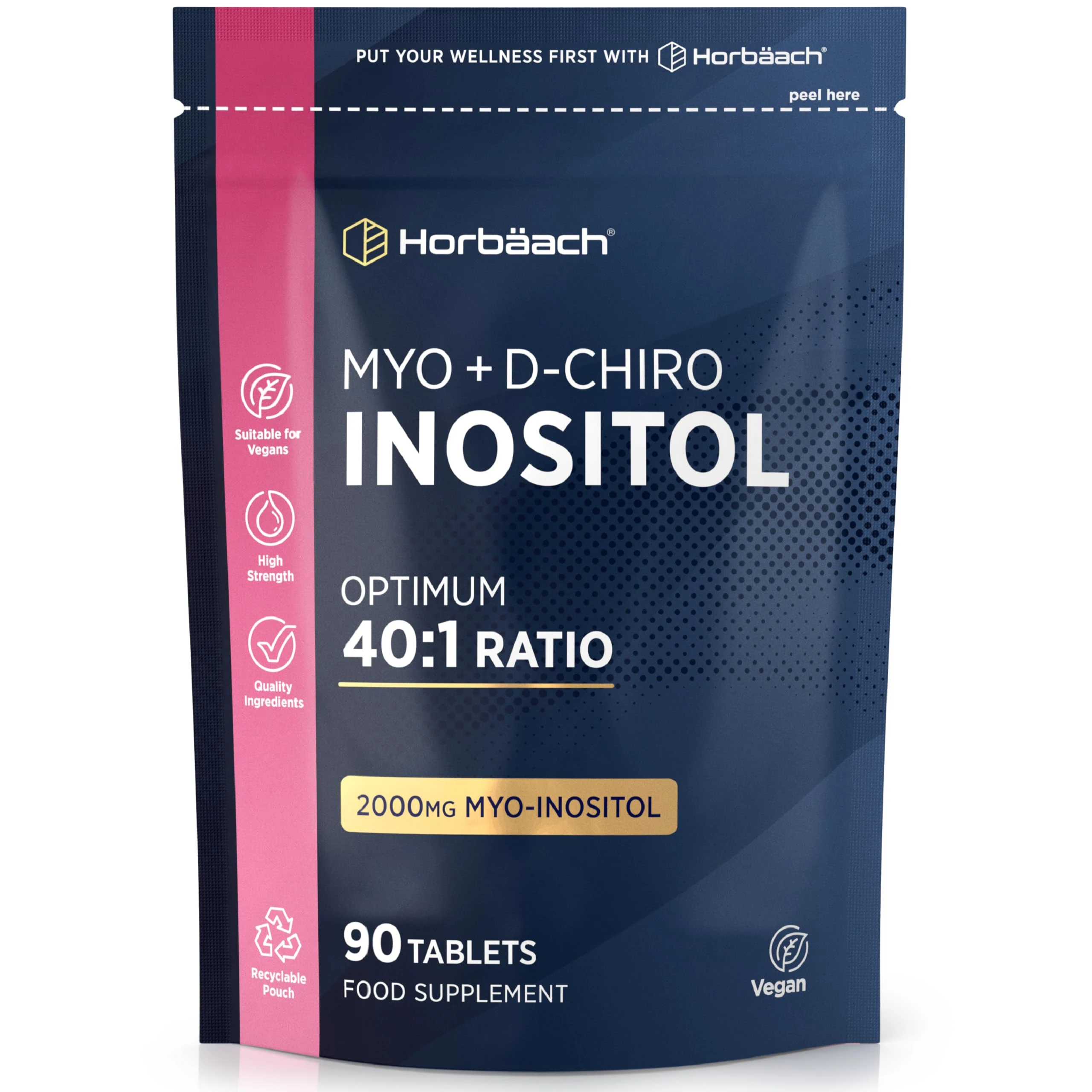 Myo Inositol and D Chiro Inositol | 90 Vegan Tablets | High Strength 2000mg Myo-Inositol | Optimum 40:1 Ratio | Letter-Box Friendly Packaging | by Horbaach