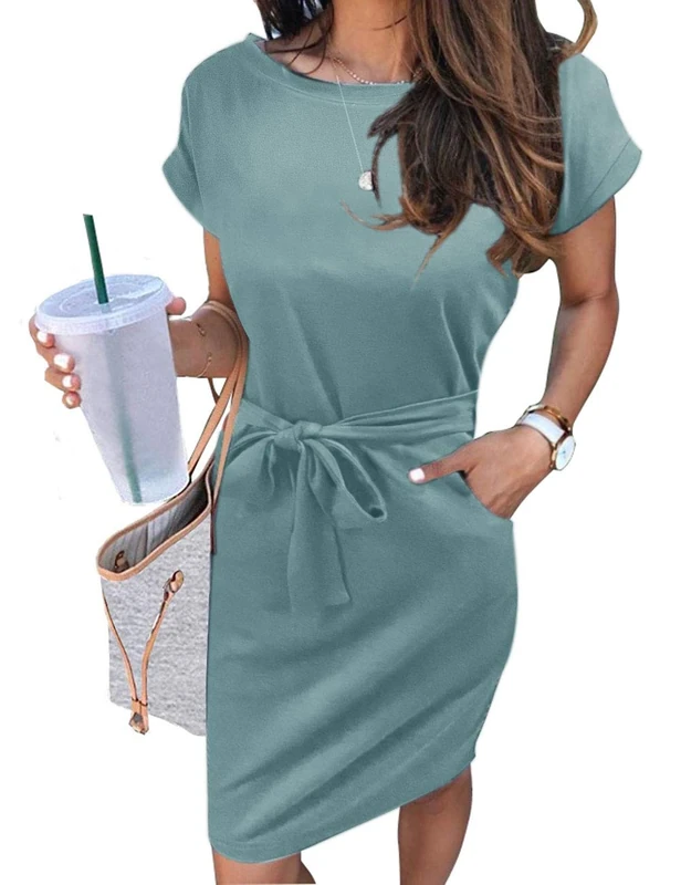 Merokeety Women's Summer Striped Short Sleeve T Shirt Dress Casual Tie Waist with Pockets, Solid Sage, S