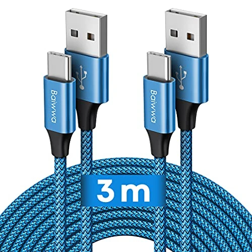 Baiwwa Long USB C Cable (3M, 2-Pack), USB-A to USB-C Fast Charging Braided Type C Charger Cable -Dark Blue