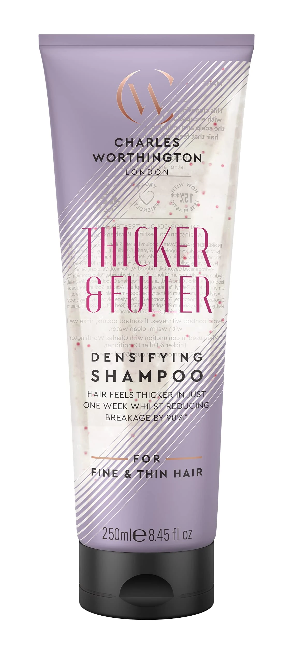 Charles Worthington Thicker and Fuller Densifying Shampoo, Hair Thickening Shampoo for Fine Hair, Purple, 250 ml