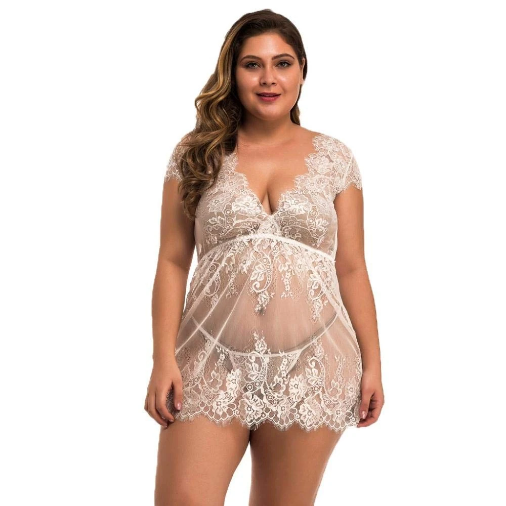 Women's Erotic Lingerie Sets Plus Size Sexy Lingerie Women Mesh Lace G-String Dress Underwear Temptation Transparent Sleepwear Nightwear-White_XXL