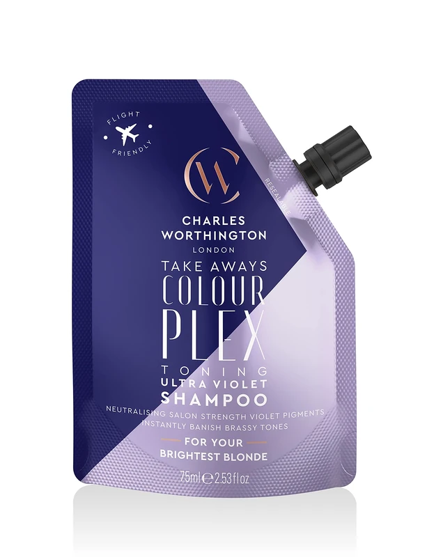 Charles Worthington Colourplex Toning Ultra Violet Shampoo Takeaway, Travel Size, Purple Shampoo for Blonde Hair, Purple Toning Shampoo, 75ml