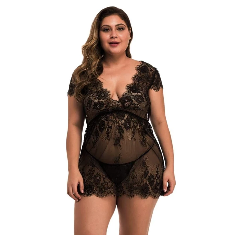 Women's Nightdresses & Nightshirts Plus Size Sexy Lingerie Women Mesh Lace G-String Dress Underwear Temptation Transparent Sleepwear Nightwear-Black_XXL