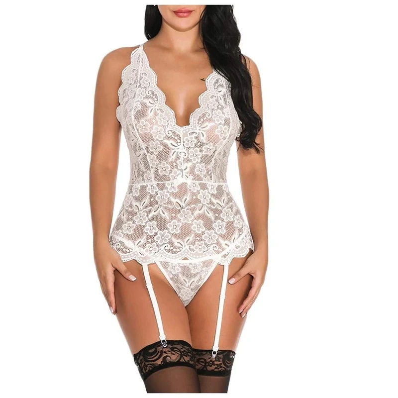 Women's Baby Dolls Women Sexy V-Neck Backless Underwear Erotic Lingerie See Through Hollow Out Lace Sleepwear Porn Costume Lenceria Mujer Babydoll-White_M