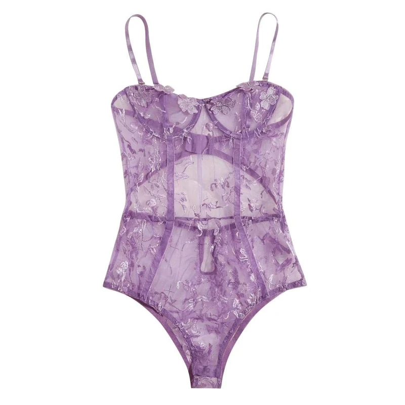 Women's Baby Dolls Women Lace Lingerie Sexy Underwear Temptation Erotic Lingerie Sleepwear Porno See Through Embroidery-Purple_L
