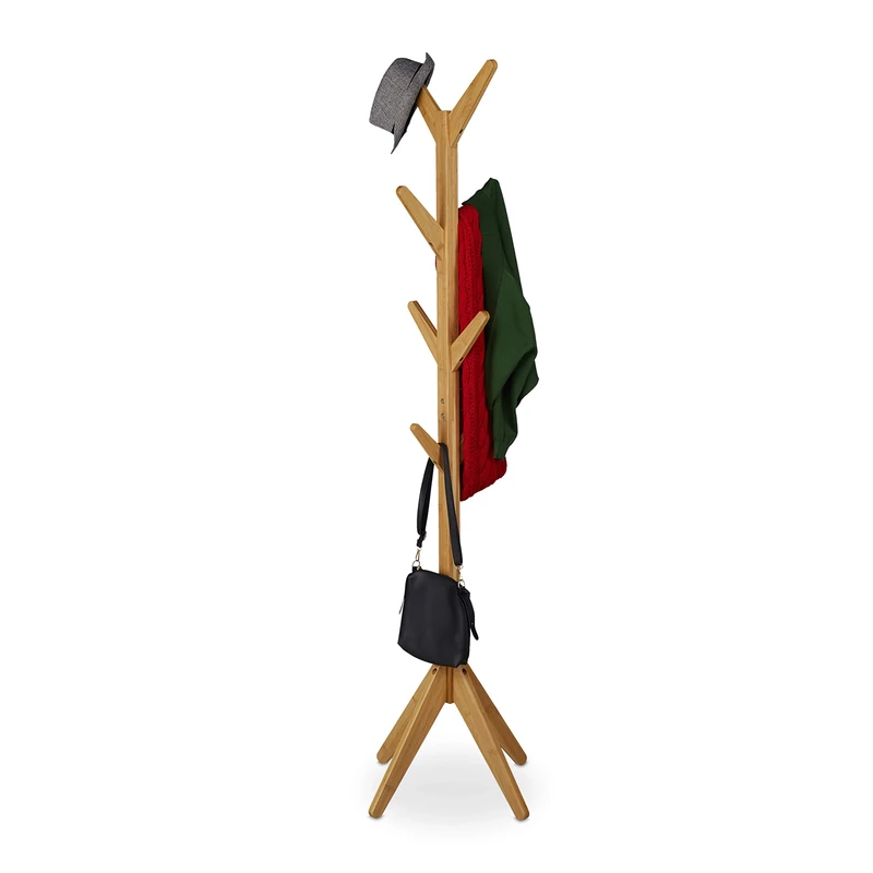 Relaxdays Coat Rack, Bamboo, 8 Hooks, HxWxD: 181.5 x 53 x 53 cm, Jackets, Scarf, Tree Form, Stable, Accessory, Natural