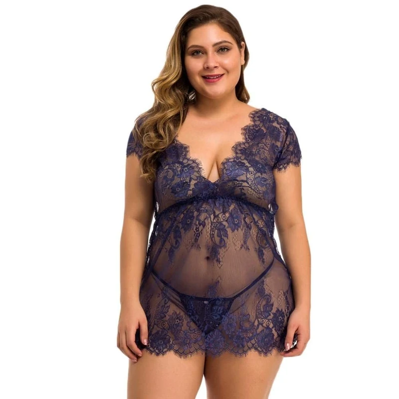 Women's Baby Dolls Plus Size Sexy Lingerie Women Mesh Lace G-String Dress Underwear Temptation Transparent Sleepwear Nightwear-Blue_XXL
