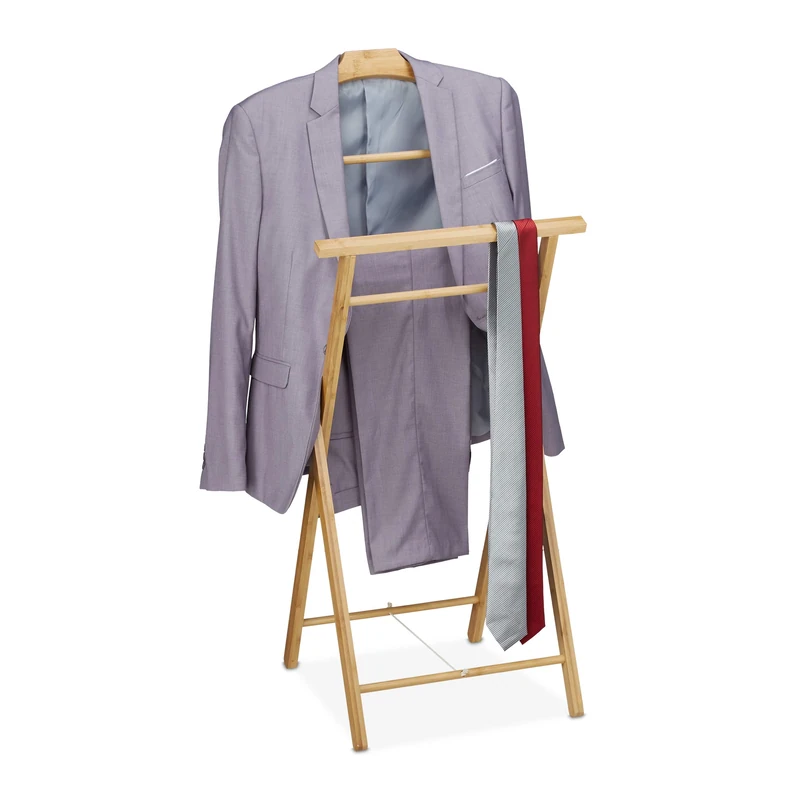 Relaxdays Clothes Stand, Bamboo, Hanger, Dress, Shirt, Laundry, Wardrobe, HxWxD: 110x47x38cm, Foldup, Wood, Natural, 110 x 47 x 38 cm