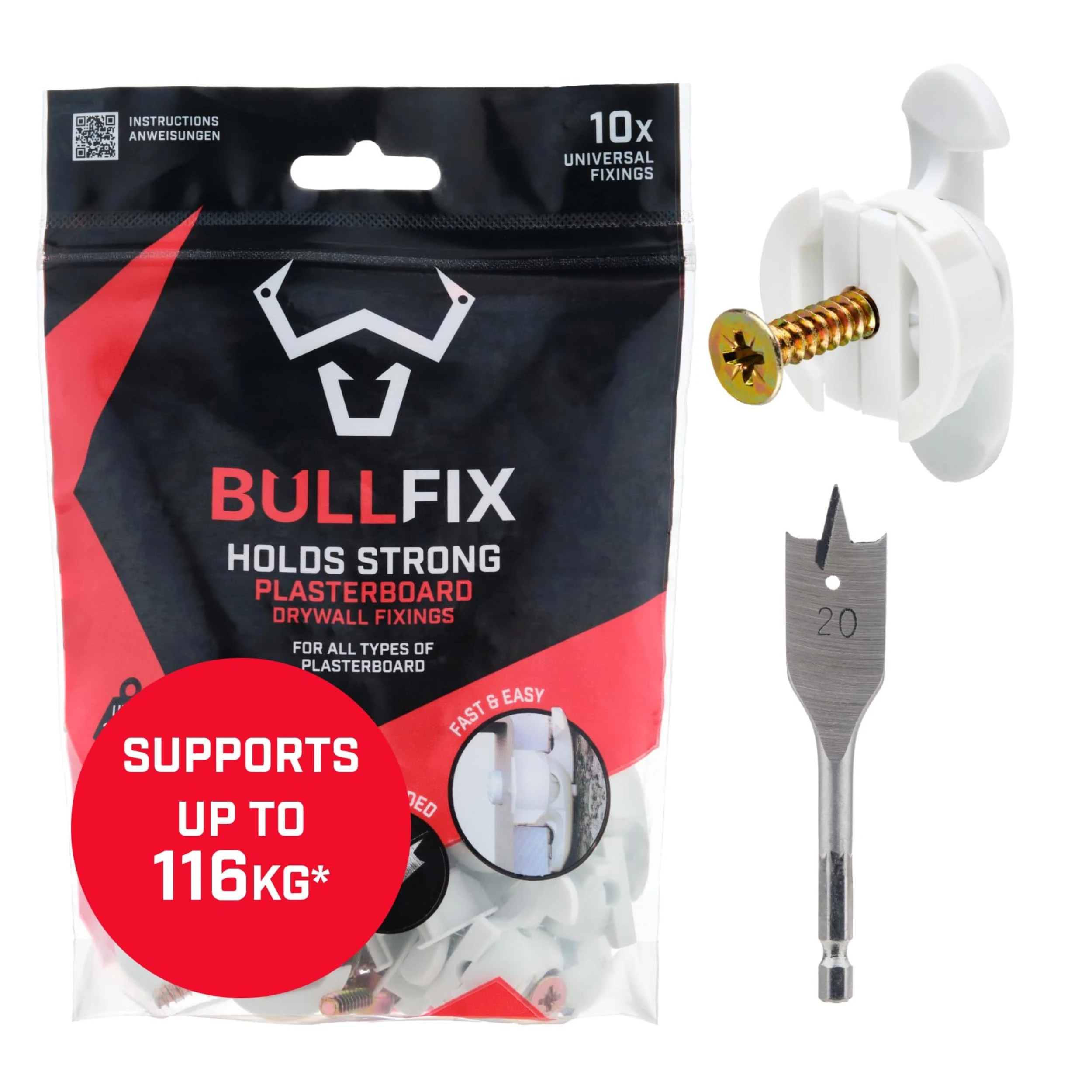Bullfix Universal Plasterboard Fixings Heavy Duty Starter 10 Pack, Drywall Anchor, Plasterboard Wall Plug Alternative for Dot & Dab, Stud & Hollow Cavity Wall Anchor Kit with Screws