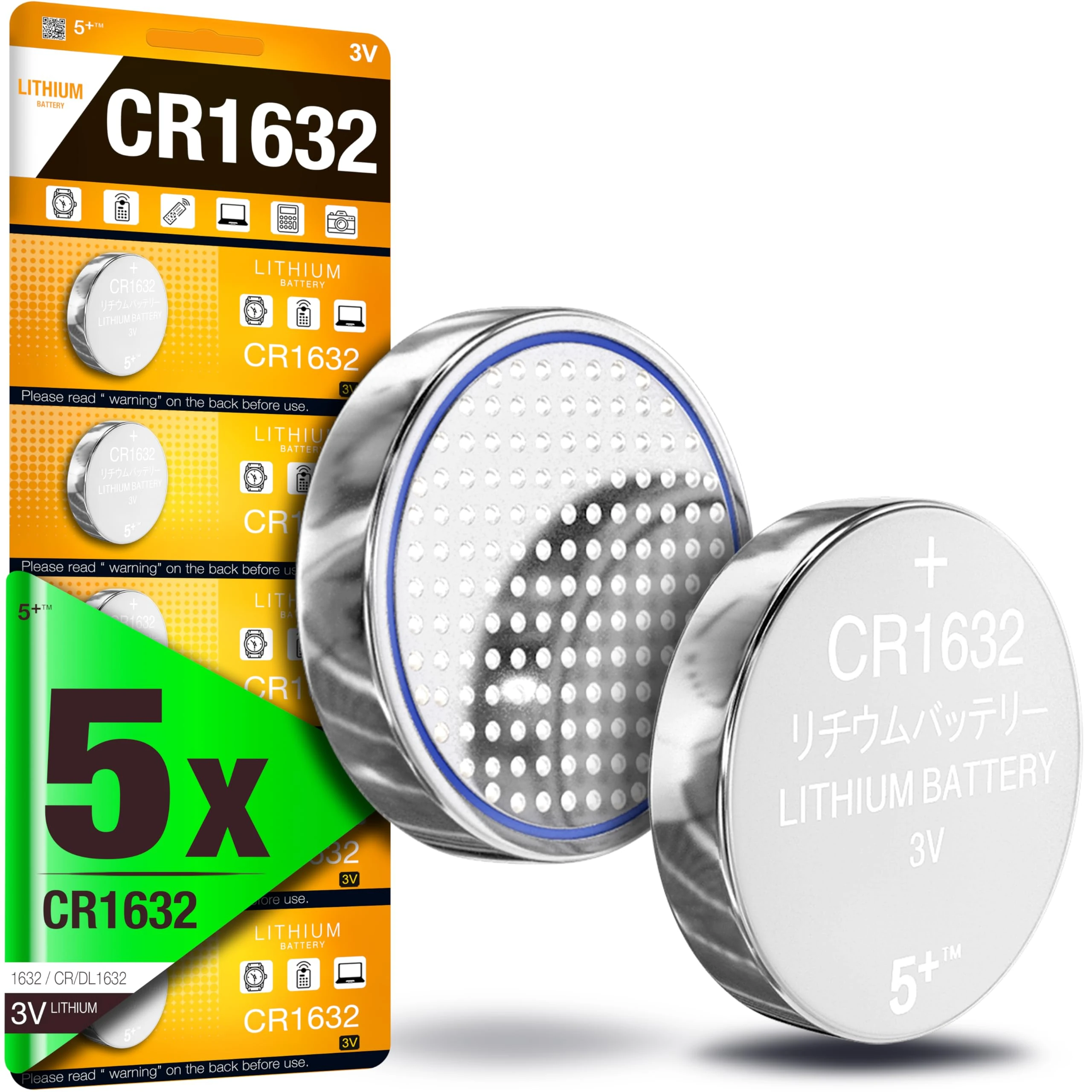 5Plus Group 5 Pcs CR1632 CR 1632 DL1632 LM1632 3V Lithium Battery Mercury free Long Life Strong Power 3 Volt Lithium Flat Batteries for electronic devices Watch household items car remote key