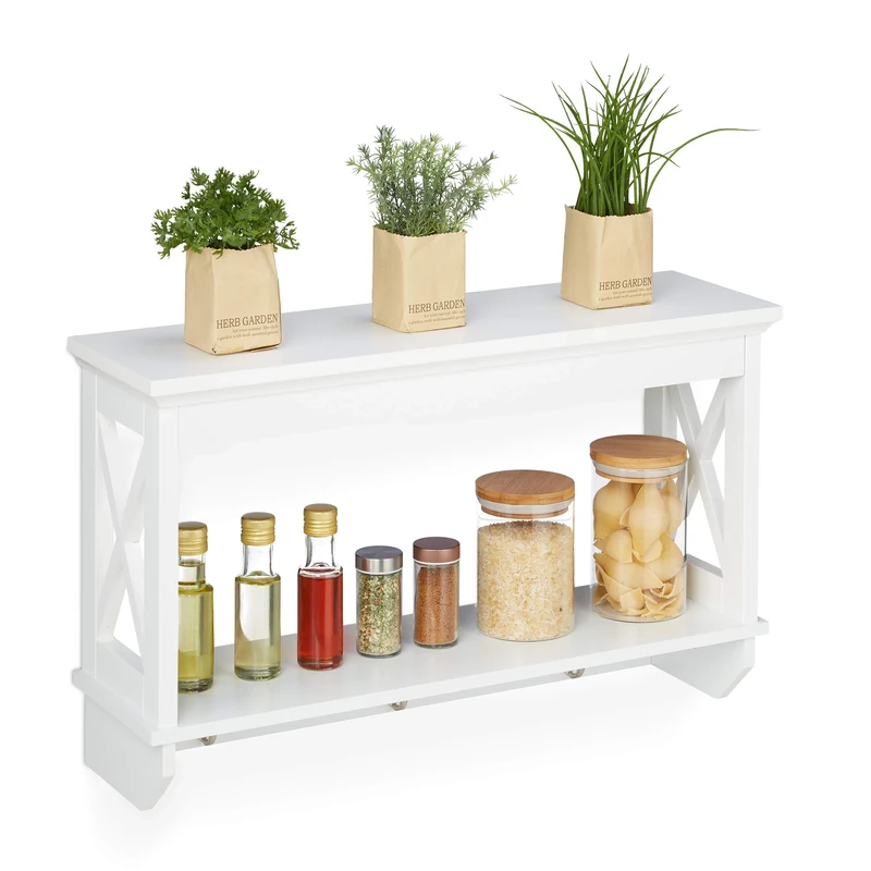 Relaxdays Floating Shelf, with 3 Metal Hooks, 2 Tiers, Country Style, Kitchen Rack, Wall Closet, HWD: 40x66x20 cm, White, 90% fibreboard 10%
