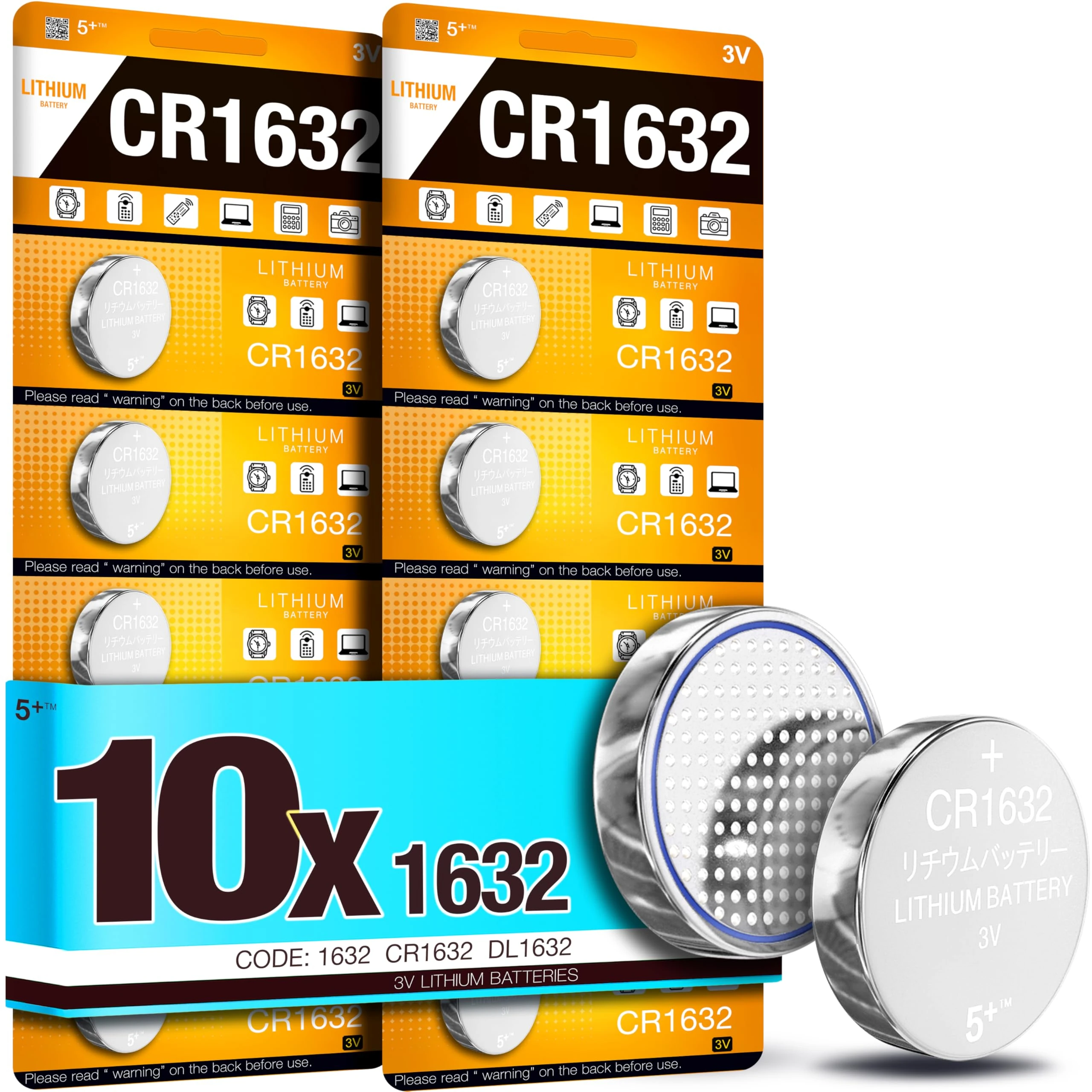 5Plus CR1632 3V Lithium Batteries – 10 Pack DL1632 LM1632 Compatible, Long-Lasting Coin Cells for Watches, Remotes, Toys & More