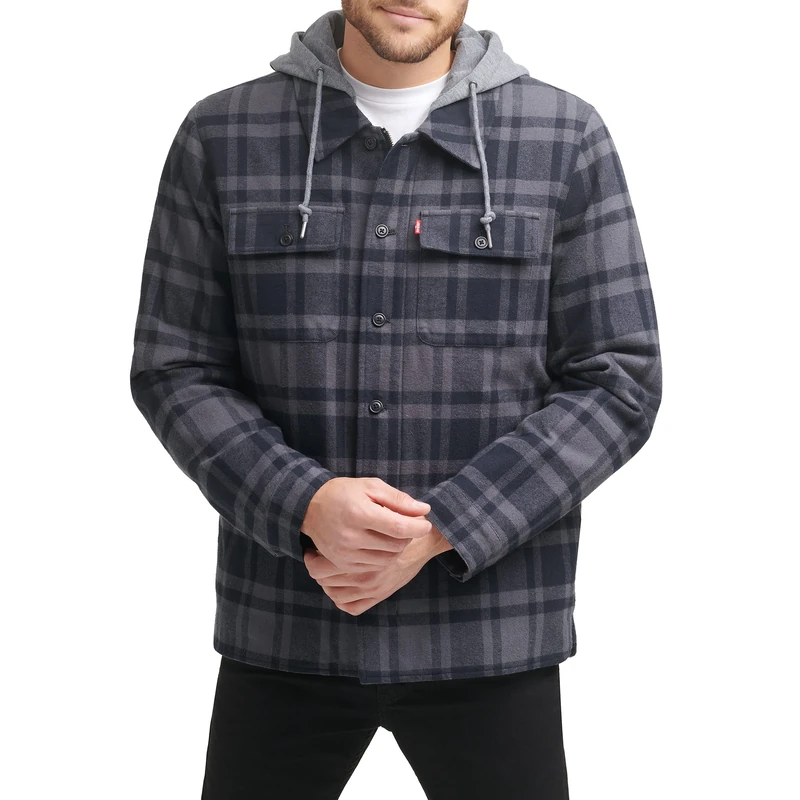 Levi's Men's Cotton Plaid Shirt Jacket with Soft Faux Fur Lining and Jersey Hood, Grey/Navy Plaid, Medium