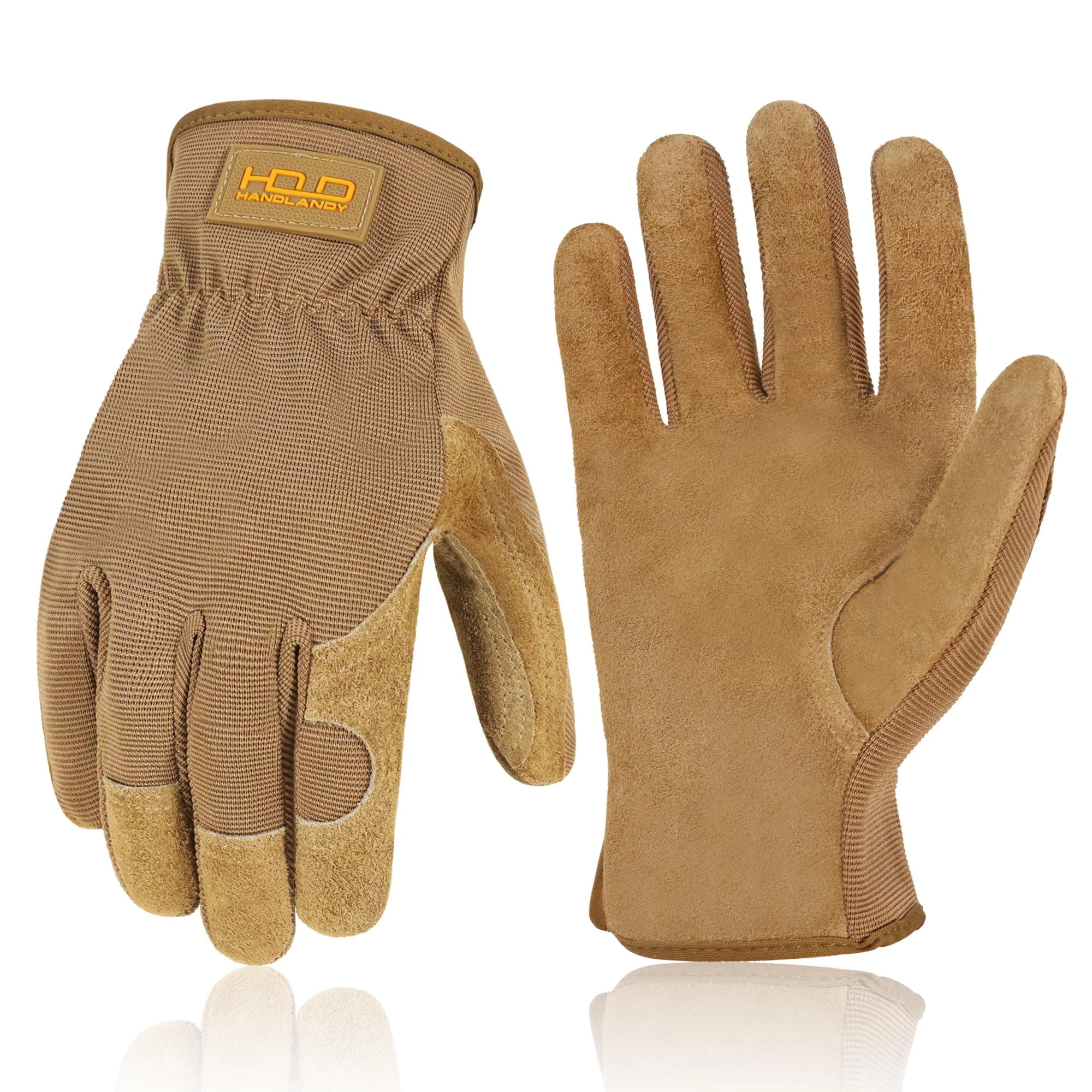 HANDLANDY Work Gloves for Men Women, Utility Leather Gardening Gloves - Safety Working Gloves Cowhide Dexterity & Breathable Design (L, Brown-Men Size)