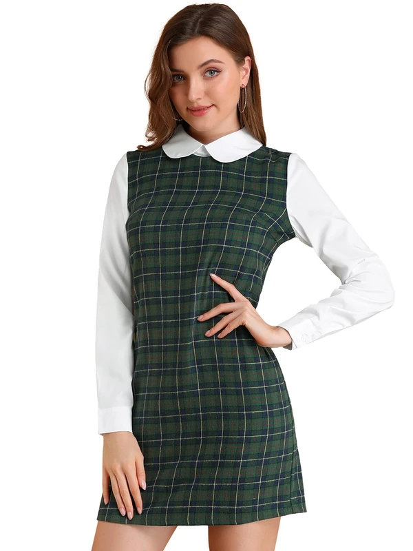 Allegra K Contrast Plaid Dress Peter Pan Collar Long Sleeve for Women., Greenish Blue, S