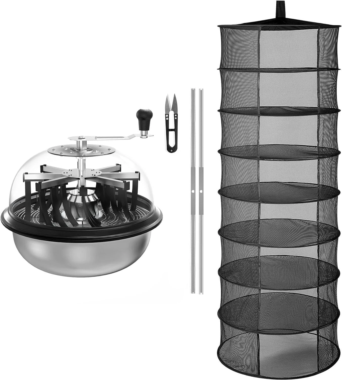 iPower 16" Bud Leaf Bowl Trimmer Machine Twisted Sharp Stainless Steel Spin Cut with Upgraded Gears, and Foldable Hanging Herb Mesh Rack with Zippers, 16' 8L, Hydroponic Plant, 2ft 8-Layer