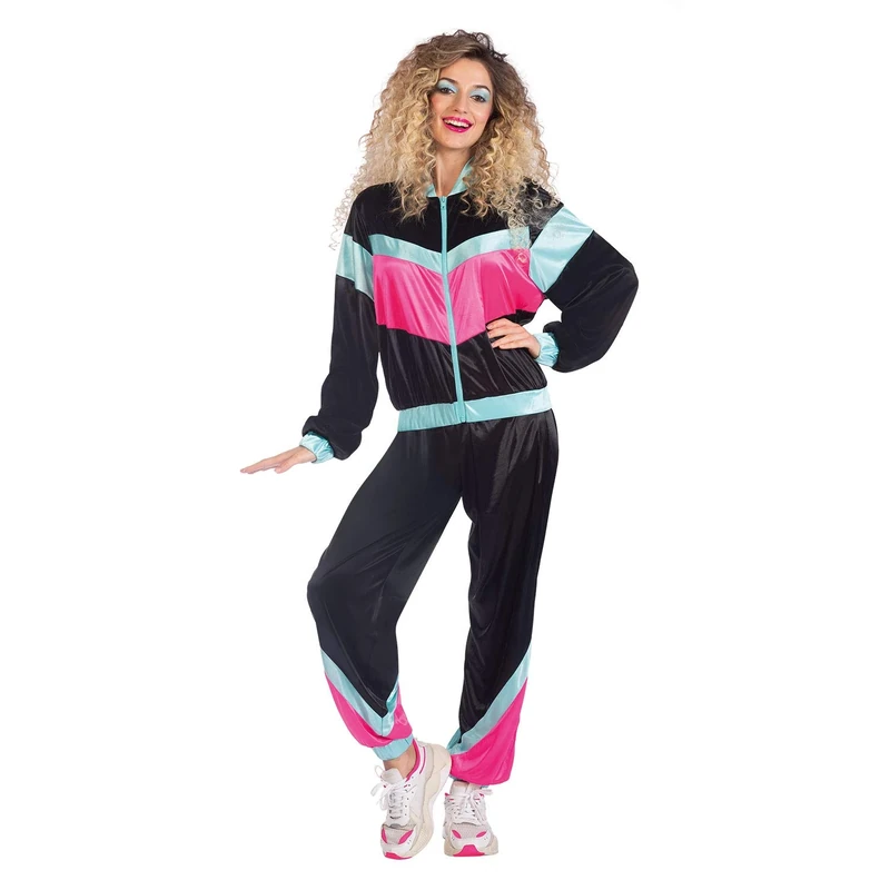 Amscan 9908668 Adult Ladies 80's Black Shell Suit Costume Size 10-12, Women, Multi-Coloured