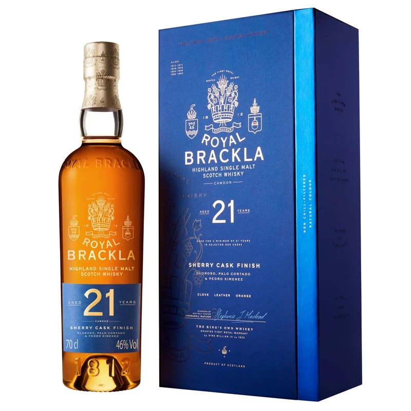 Royal Brackla 21 Year Old Highland Scotch Single Malt Whisky, 46% ABV, 70cl, with Gift Box, Pedro Ximenez, Oloroso & Palo Cortado Sherry Cask Finish, 700ml