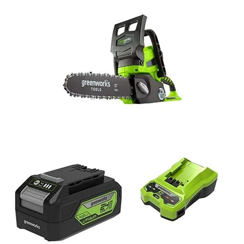 Greenworks 24V Cordless Chainsaw Battery Powered, 25cm Bar Length- 2000007 & Battery G24B4 2nd Generation & G24C 24V 2A Universal Charger Gen 2
