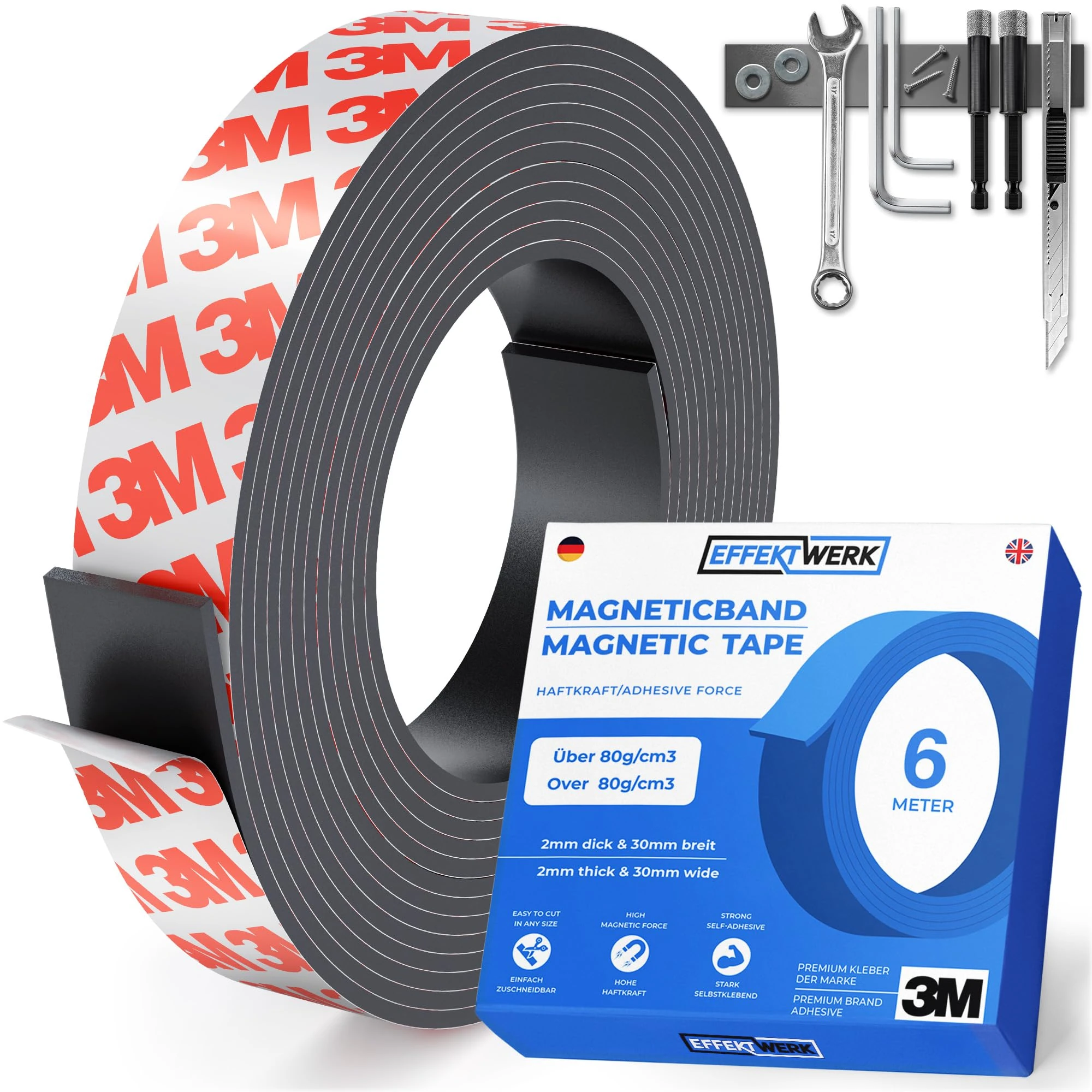 EFFEKTWERK - Magnetic Tape Roll - 6 Metre Long, 30 mm Wide - Extra Thick & Wide Magnetic Strips w/Strong Self-Adhesive Backing - Easy to Cut & Stick to Flat Surfaces