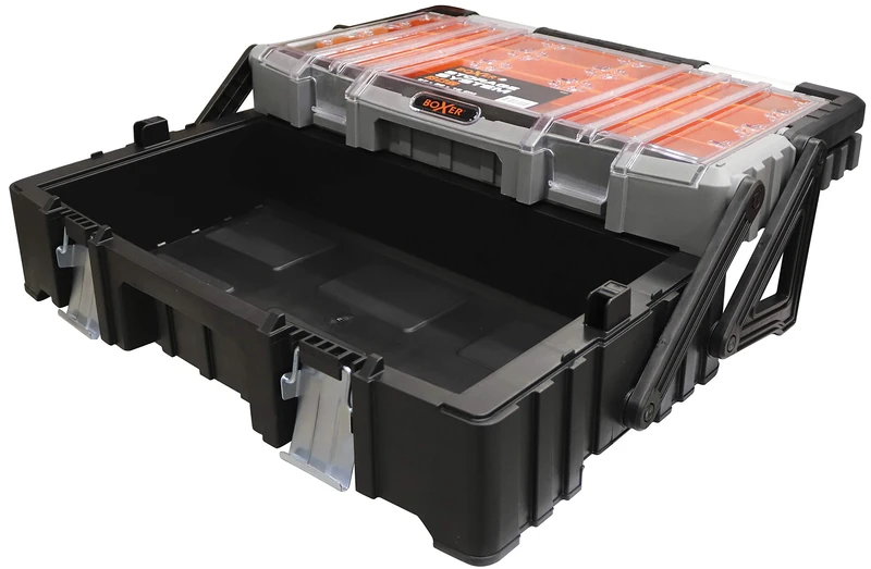 Boxer® 22” Cantilever Tool Box – 57x30.5x16.5 cm – 15 Removable Lid Compartments – Metal Latches – Black/Orange/Clear – Durable Plastic