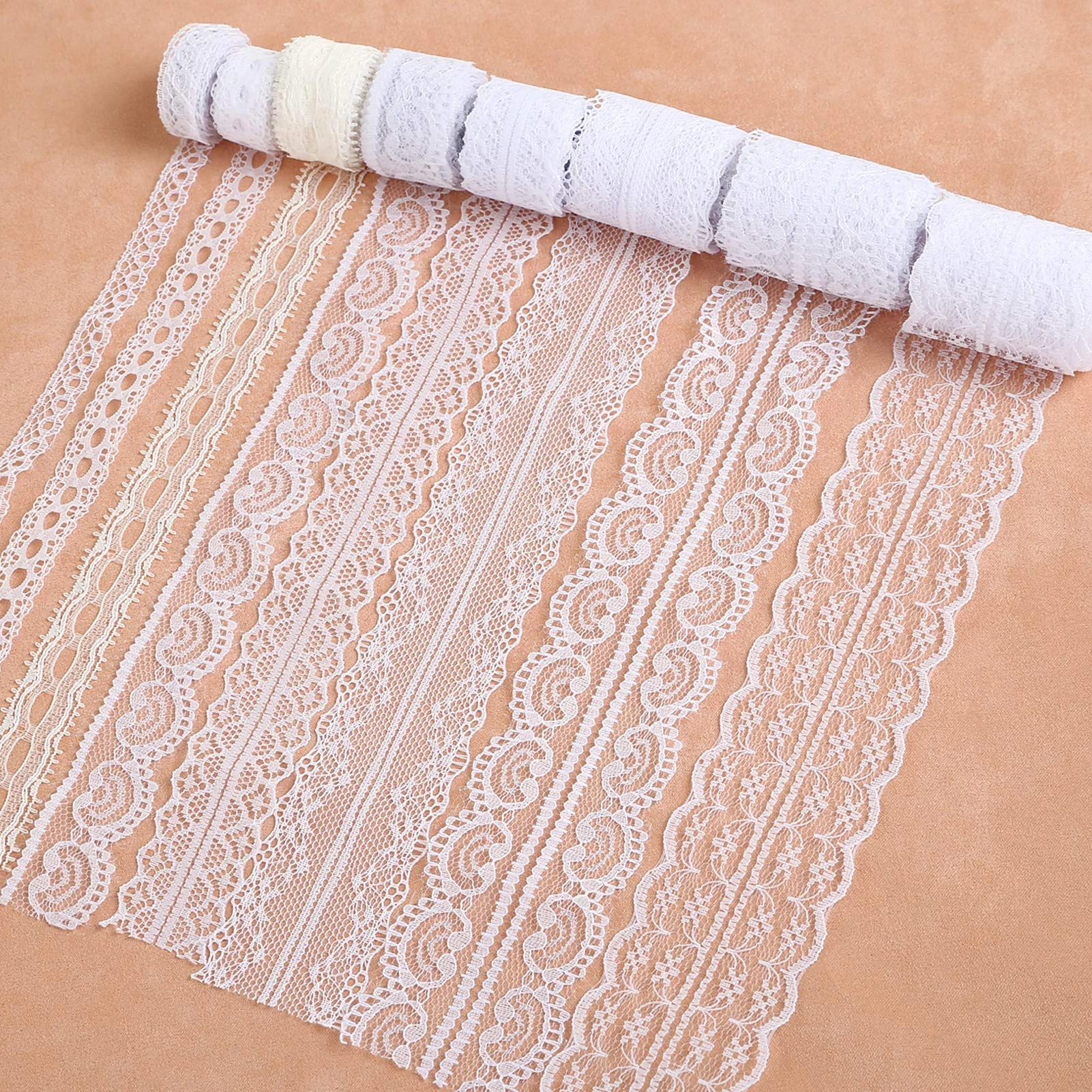 LIHAO Pack of 8 White Lace Ribbons 3M Each Roll Vintage Floral Lace Trimming Bridal Lace Edge Trim White Ribbon Wedding Lace for Decoration Crafts DIY Sewing