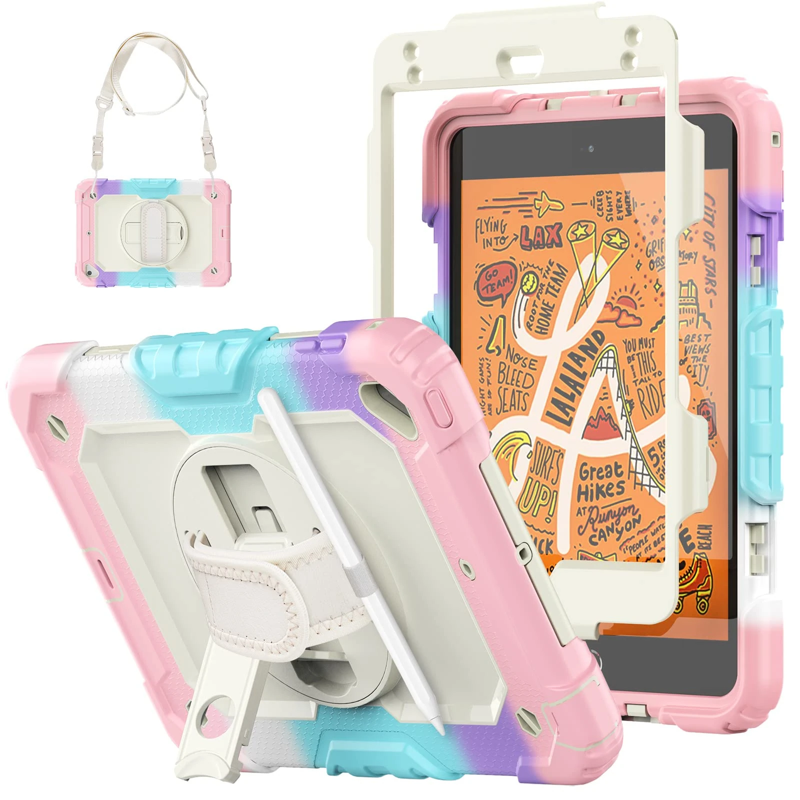 SEYMCY Kids Case for iPad mini 5/4 (7.9-Inch 2019/2015 Model), Full-body Shockproof with Screen Protector, Rotating Hand Strap & Stand, Pencil Holder, Shoulder Strap for iPad mini 5th/4th Gen, Pink