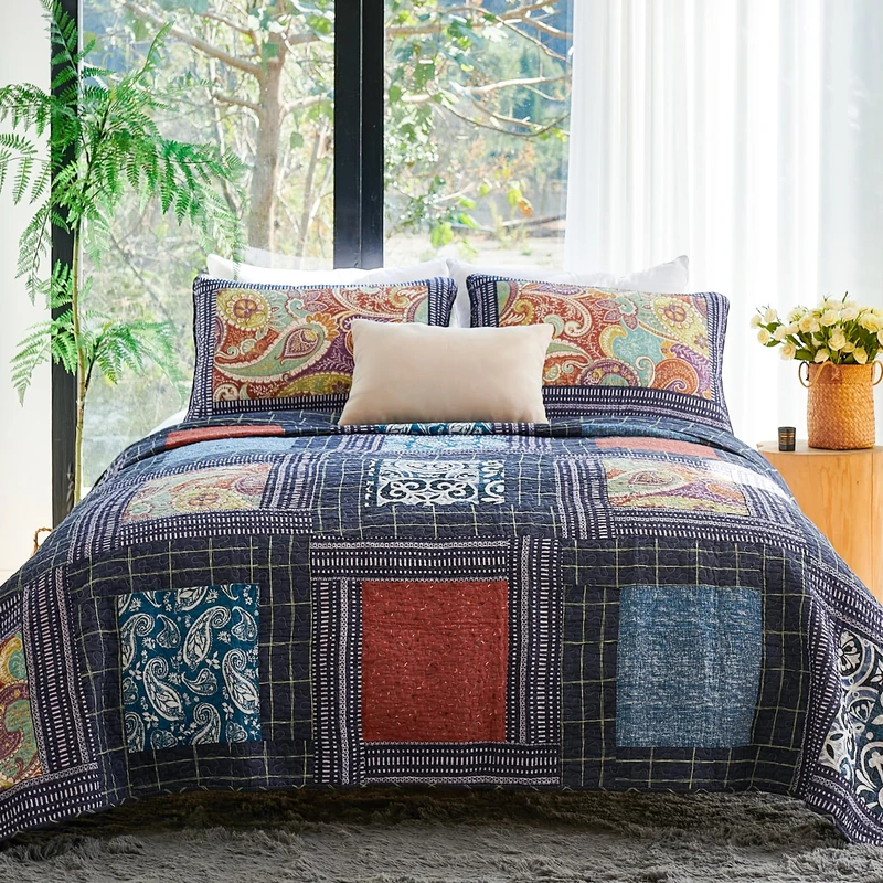 Secgo King Size Comforter Set- 100% Cotton Quilt King Size Set, Black bedspreads (96 * 108 Inch) with 2 Pillow Shams, Patchwork Reversible Lightweight Bedding