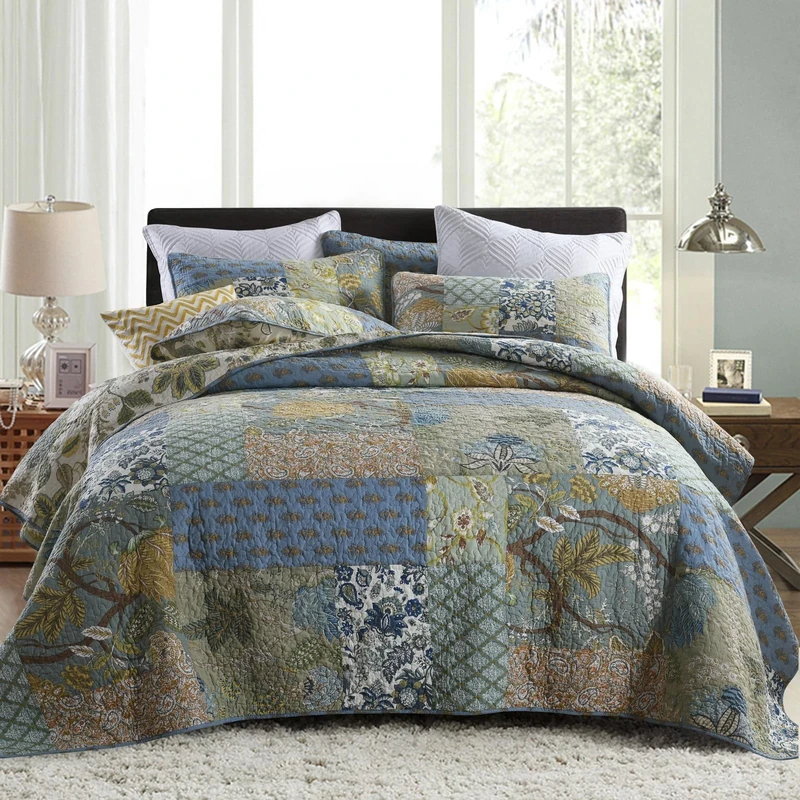 Secgo King Size Comforter Set- 100% Cotton Quilt King Size Set, Green, Sage bedspreads (98 * 106 Inch) with 2 Pillow Shams, Patchwork Reversible Lightweight Bedding Sets,Coverlet Fit All-Season