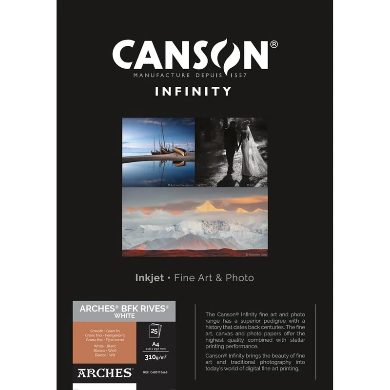 Canson Infinity Arches BFK Rives 100% Textured White Inkjet Photo Paper, 310gsm, 21 x 29.7 cm, 25 Sheets, Acid-Free, Ideal for Professional Photographers